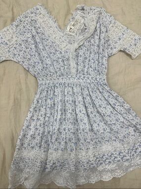 LoveShackFancy White and Light Blue Floral Lace Dress